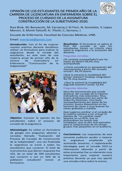 Read more about the article OPINIÓN DE LOS ESTUDIANTES DE PRIMER AÑO DE LA CARRERA DE LICENCIATURA EN ENFERMERÍA SOBRE EL PROCESO DE CURSADO DE LA ASIGNATURA CONSTRUCCIÓN DE LA SUBJETIVIDAD 2020.