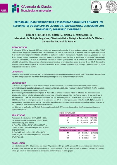 Read more about the article ESTUDIO DE LA DEFORMABILIDAD ERITROCITARIA, LA VISCOSIDAD SANGUINEA RELATIVA Y SU RELACIÓN, EN ESTUDIANTES DE MEDICINA DE LA UNIVERSIDAD NACIONAL DE ROSARIO CON NORMOPESO, SOBREPESO Y OBESIDAD