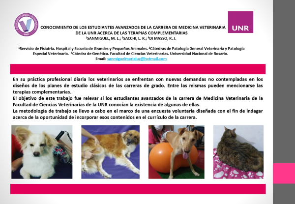 Read more about the article CONOCIMIENTO DE LOS ESTUDIANTES AVANZADOS DE LA CARRERA DE MEDICINA VETERINARIA DE LA UNR ACERCA DE LAS TERAPIAS COMPLEMENTARIAS