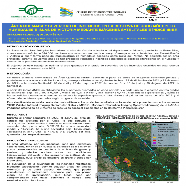 Read more about the article ÁREA QUEMADA Y SEVERIDAD DE INCENDIOS EN LA RESERVA DE USOS MÚLTIPLES HUMEDALES E ISLAS DE VICTORIA MEDIANTE IMÁGENES SATELITALES E ÍNDICE dNBR.