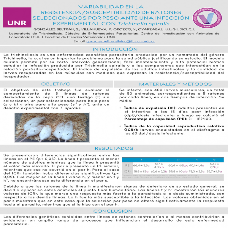Read more about the article VARIABILIDAD EN LA RESISTENCIA/SUSCEPTIBILIDAD DE RATONES SELECCIONADOS POR PESO ANTE UNA INFECCIÓN EXPERIMENTAL CON Trichinella spiralis