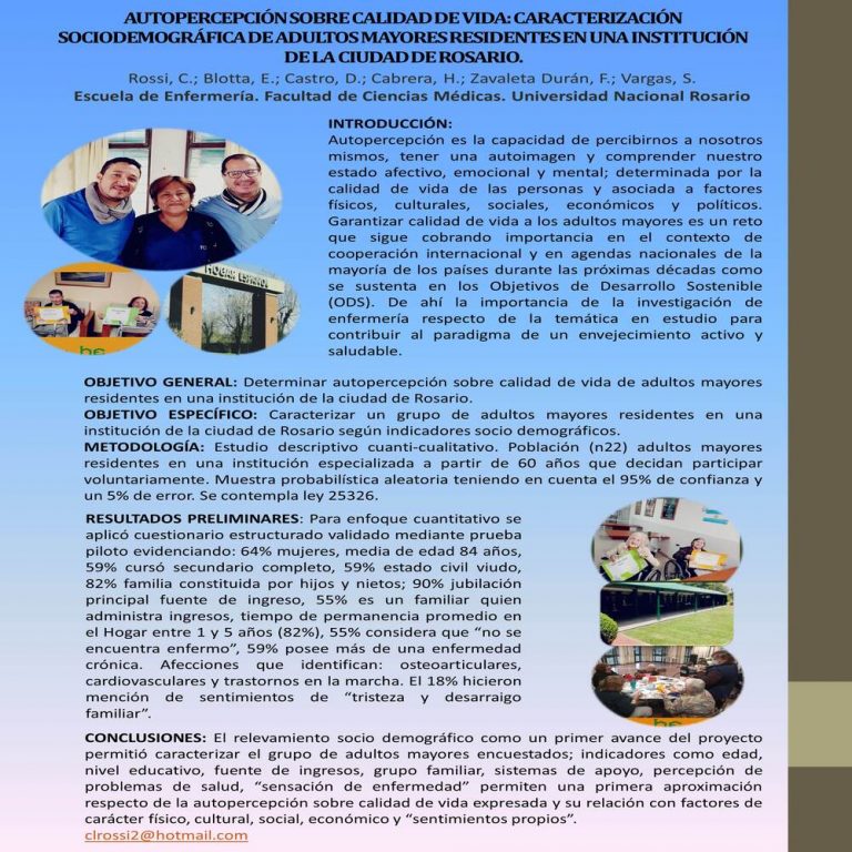 Read more about the article AUTOPERCEPCIÓN SOBRE CALIDAD DE VIDA: CARACTERIZACIÓN SOCIODEMOGRÁFICA DE ADULTOS MAYORES RESIDENTES EN UNA INSTITUCIÓN DE LA CIUDAD DE ROSARIO.