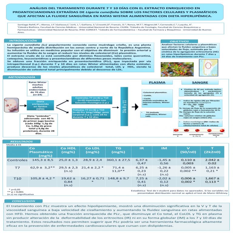 Read more about the article ANÁLISIS DEL TRATAMIENTO DURANTE 7 Y 10 DÍAS CON EL EXTRACTO ENRIQUECIDO EN PROANTOCIANIDINAS EXTRAIDAS DE LIGARIA CUNEIFOLIA SOBRE LOS FACTORES CELULARES Y PLASMATICOS QUE AFECTAN LA FLUIDEZ SANGUINEA EN RATAS WISTAR ALIMENTADAS CON DIETA HIPERLIPÉMICA.