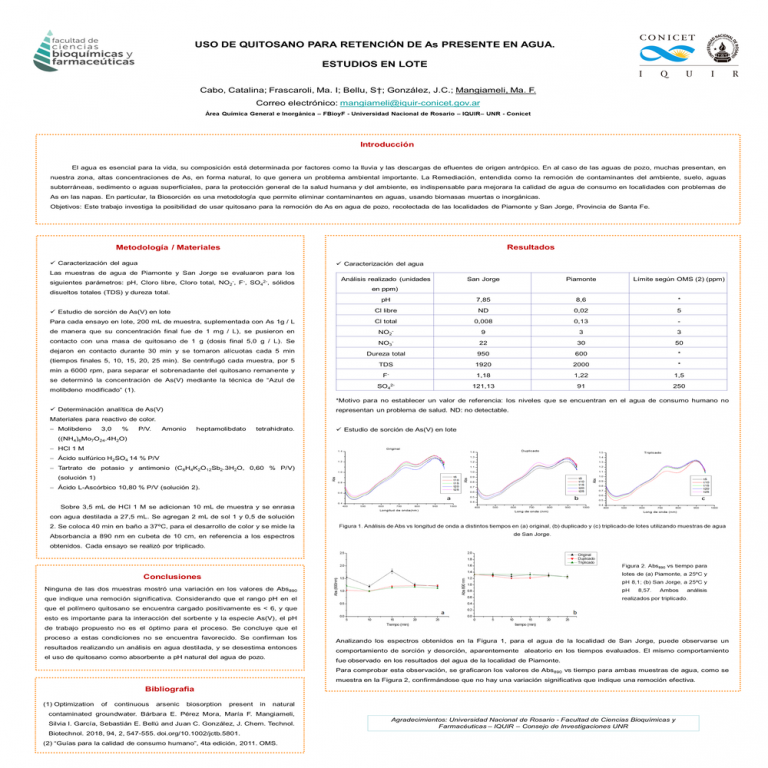 Read more about the article USO DE QUITOSANO PARA RETENCIÓN DE As PRESENTE EN AGUA. ESTUDIOS EN LOTE.