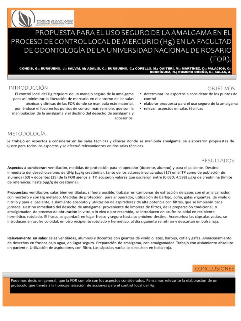 Read more about the article PROPUESTA PARA EL USO SEGURO DE LA AMALGAMA EN EL PROCESO DE CONTROL LOCAL DE MERCURIO (Hg) EN LA FACULTAD DE ODONTOLOGÍA DE LA UNIVERSIDAD NACIONAL DE ROSARIO (FOR).
