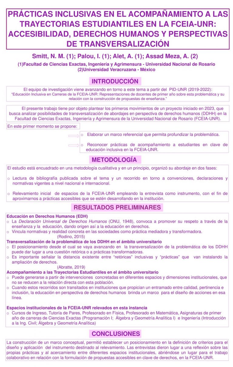 Read more about the article PRÁCTICAS INCLUSIVAS EN EL ACOMPAÑAMIENTO A LAS TRAYECTORIAS ESTUDIANTILES EN LA FCEIA-UNR: ACCESIBILIDAD, DERECHOS HUMANOS Y PERSPECTIVAS DE TRANSVERSALIZACIÓN