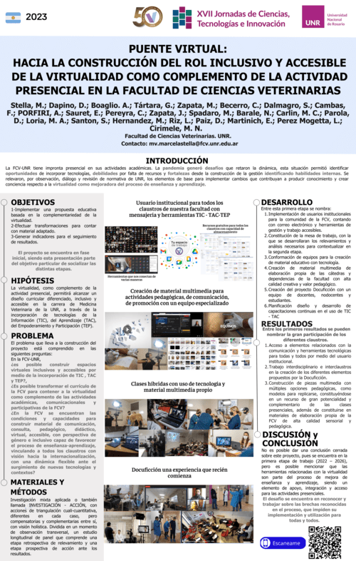 Read more about the article PUENTE VIRTUAL: HACIA LA CONSTRUCCIÓN DEL ROL INCLUSIVO Y ACCESIBLE DE LA VIRTUALIDAD COMO COMPLEMENTO DE LA ACTIVIDAD PRESENCIAL EN LA FACULTAD DE CIENCIAS VETERINARIAS (FCV-UNR)