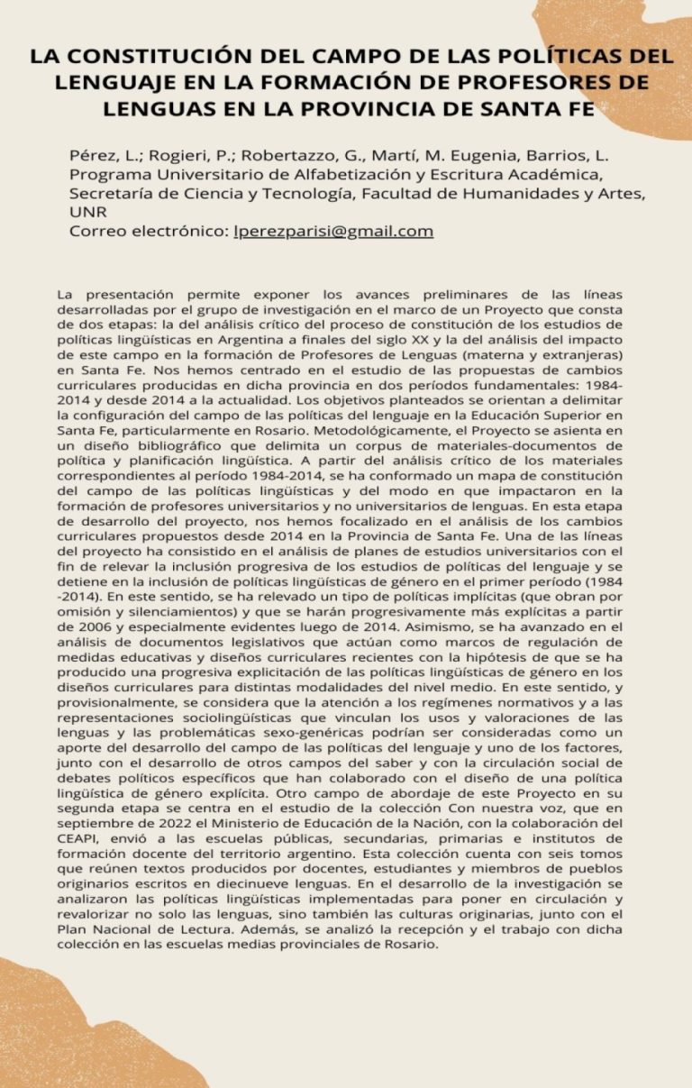 Read more about the article LA CONSTITUCIÓN DEL CAMPO DE LAS POLÍTICAS DEL LENGUAJE EN LA FORMACIÓN DE PROFESORES DE LENGUAS EN LA PROVINCIA DE SANTA FE