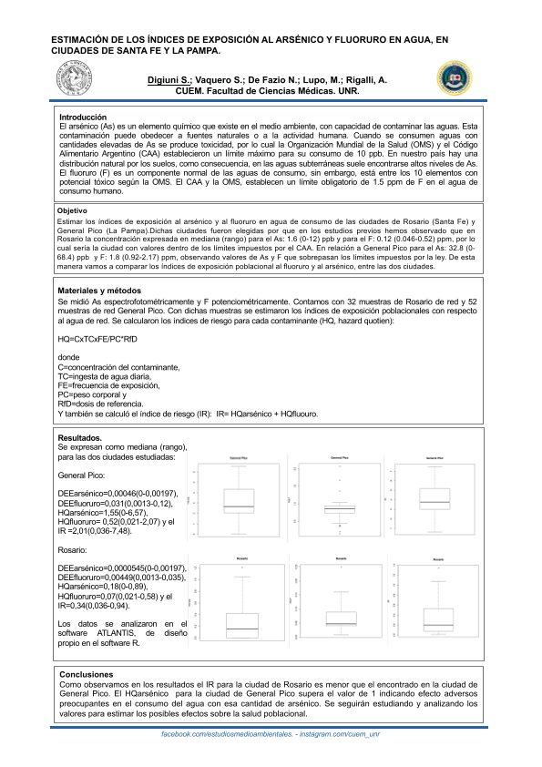 Lee más sobre el artículo ESTIMACIÓN DE LOS ÍNDICES DE EXPOSICIÓN AL ARSÉNICO Y FLUORURO EN AGUA, EN CIUDADES DE SANTA FE Y LA PAMPA.