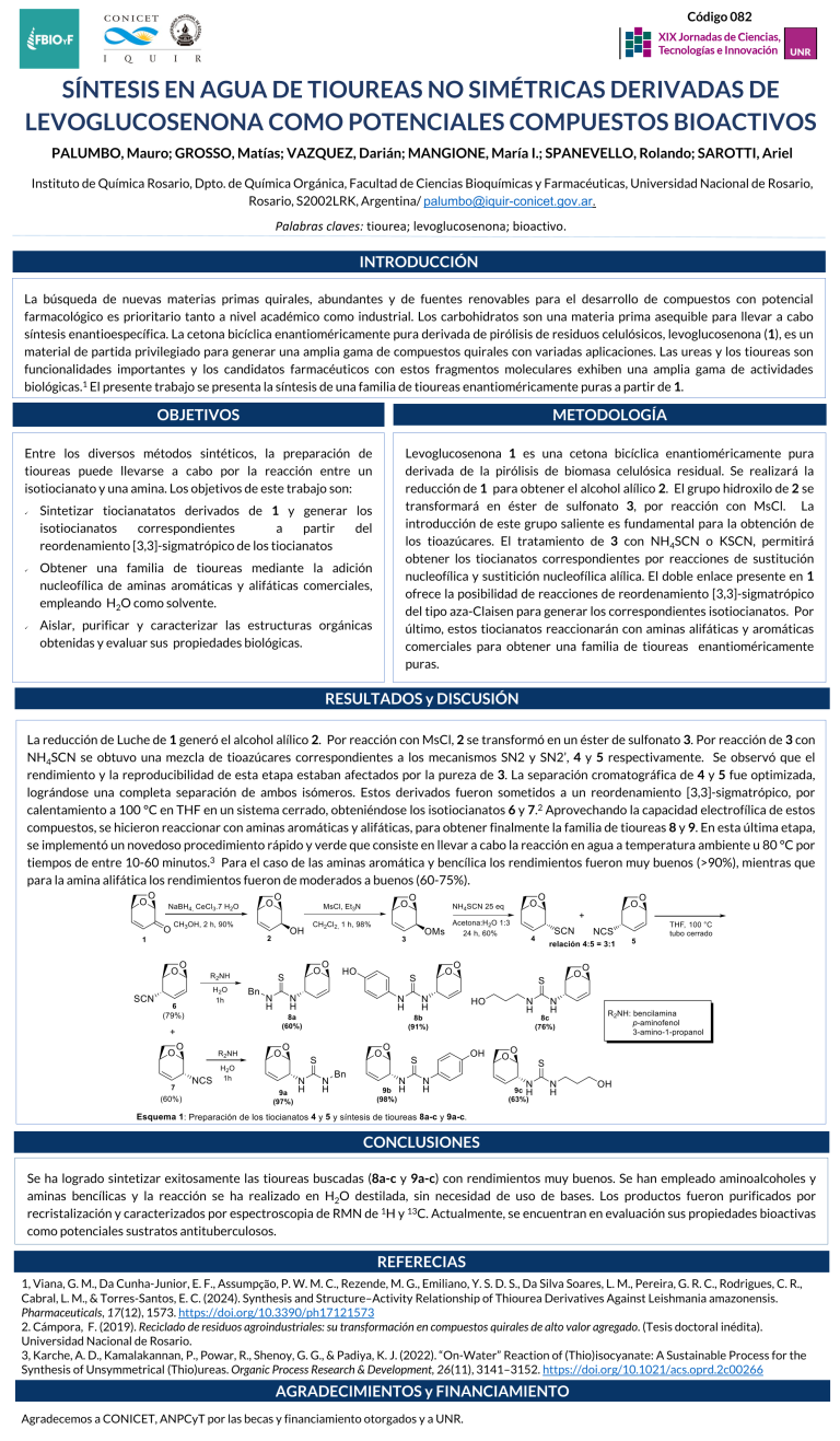 Lee más sobre el artículo SÍNTESIS EN AGUA DE TIOUREAS NO SIMÉTRICAS DERIVADAS DE LEVOGLUCOSENONA COMO POTENCIALES COMPUESTOS BIOACTIVOS