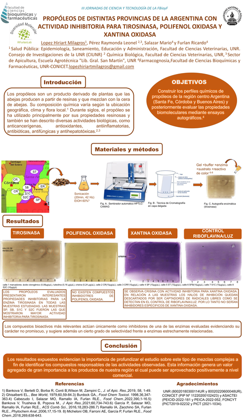 Lee más sobre el artículo PROPÓLEOS DE DISTINTAS PROVINCIAS DE LA ARGENTINA CON ACTIVIDAD INHIBITORIA PARA TIROSINASA, POLIFENOL OXIDASA Y XANTINA OXIDASA