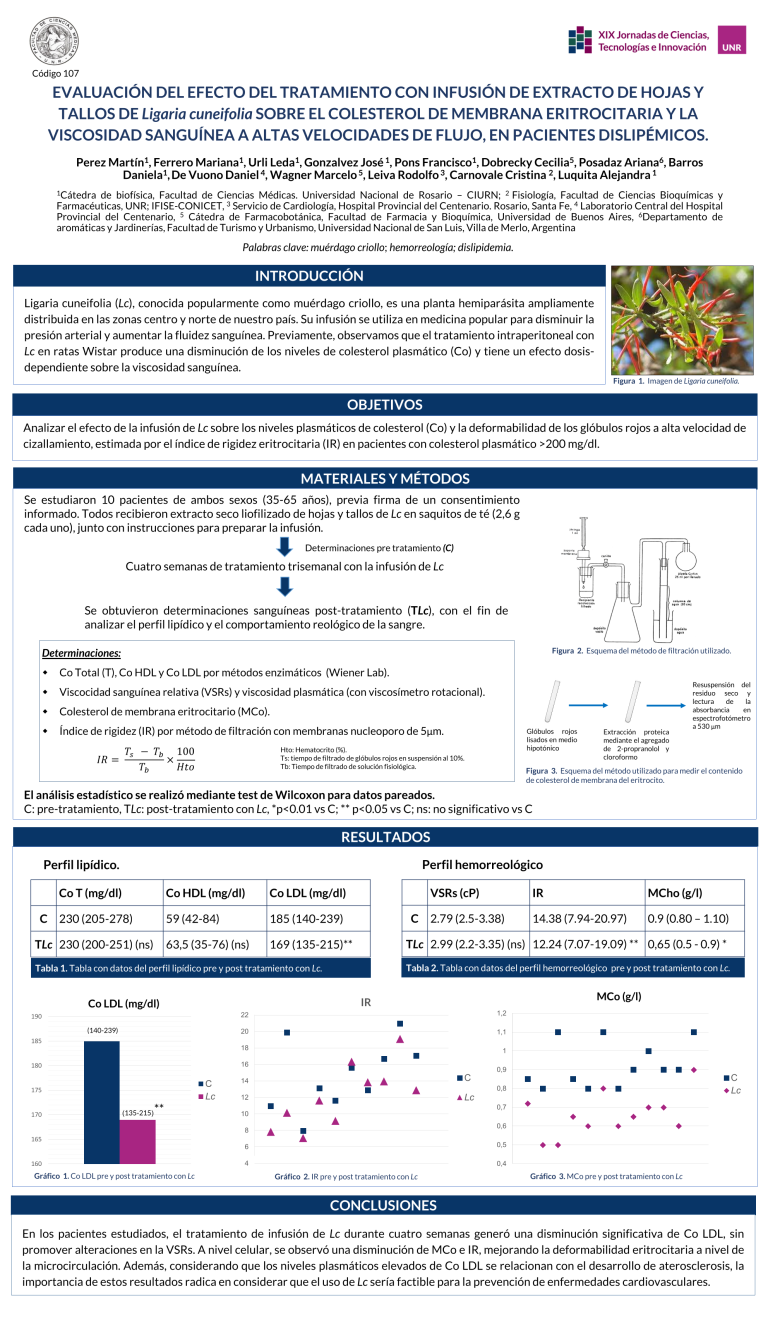 Lee más sobre el artículo EVALUACIÓN DEL EFECTO DEL TRATAMIENTO CON INFUSIÓN DE EXTRACTO DE HOJAS Y TALLOS DE Ligaria cuneifolia SOBRE EL COLESTEROL DE MEMBRANA ERITROCITARIA Y LA VISCOSIDAD SANGUÍNEA A ALTAS VELOCIDADES DE FLUJO, EN PACIENTES DISLIPÉMICOS.