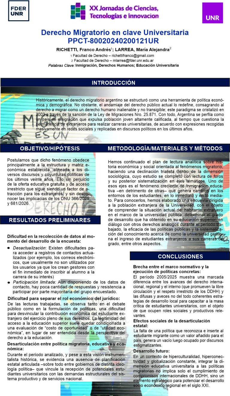 Lee más sobre el artículo DERECHO MIGRATORIO EN CLAVE UNIVERSITARIA: APORTES HISTORICISTAS PARA COMPRENDER EL GRADO DE DESARROLLO Y ACCESO AL DERECHO A LA EDUCACIÓN SUPERIOR POR PARTE DEL CUERPO SOCIAL EXTRANJERO EN LA ARGENTINA