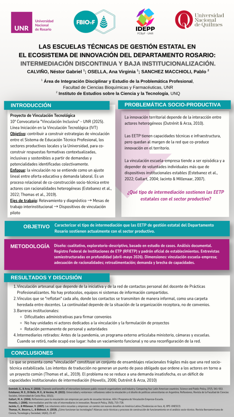 Lee más sobre el artículo LAS ESCUELAS TÉCNICAS DE GESTIÓN ESTATAL EN EL ECOSISTEMA DE INNOVACIÓN DEL DEPARTAMENTO ROSARIO: INTERMEDIACIÓN DISCONTINUA Y BAJA INSTITUCIONALIZACIÓN